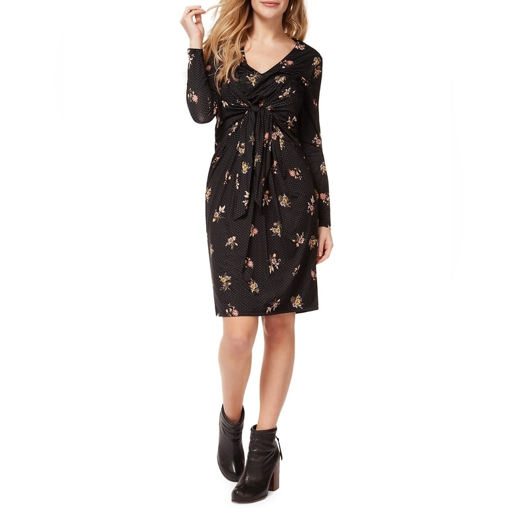 Dex Knotted Front Long Sleeve Dress Soft Velvet Floral Polka Dot Print